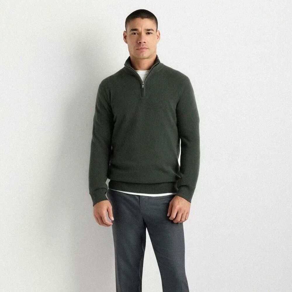 Quince 100% Mongolian Cashmere Men's XL Quarter Zip Sweater Moss Green
